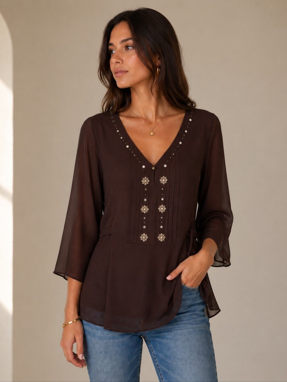 Nine West 100% Silk Brown Beaded Top Blouse